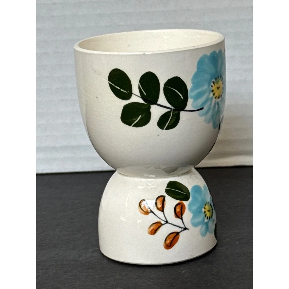 Vintage Japan Hand Painted Floral Ceramic Egg Cup Blue Burgundy Flowers